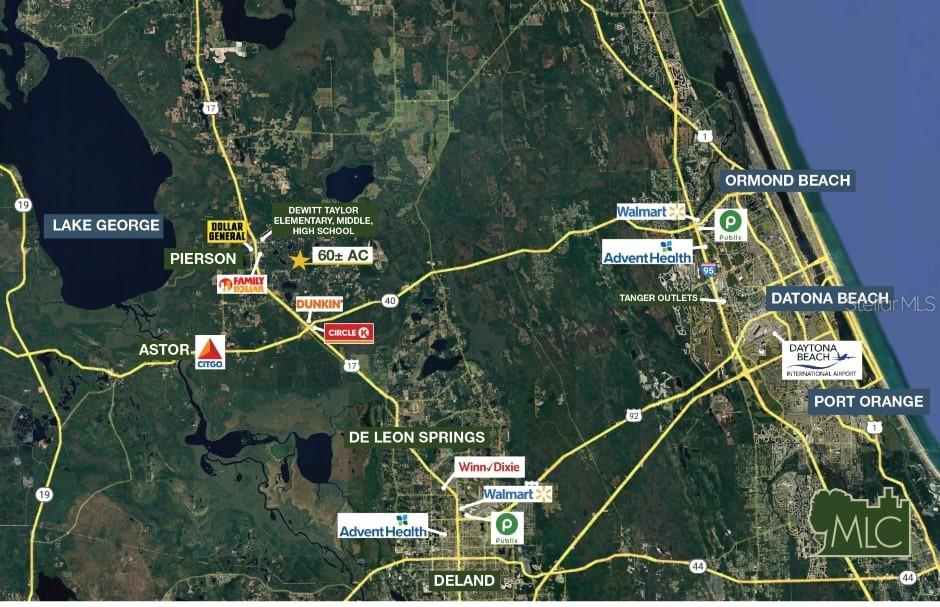 This map shows the location of a 60-acre property near Pierson, Florida, with surrounding landmarks — SHAW LAKE ROAD, PIERSON, FL