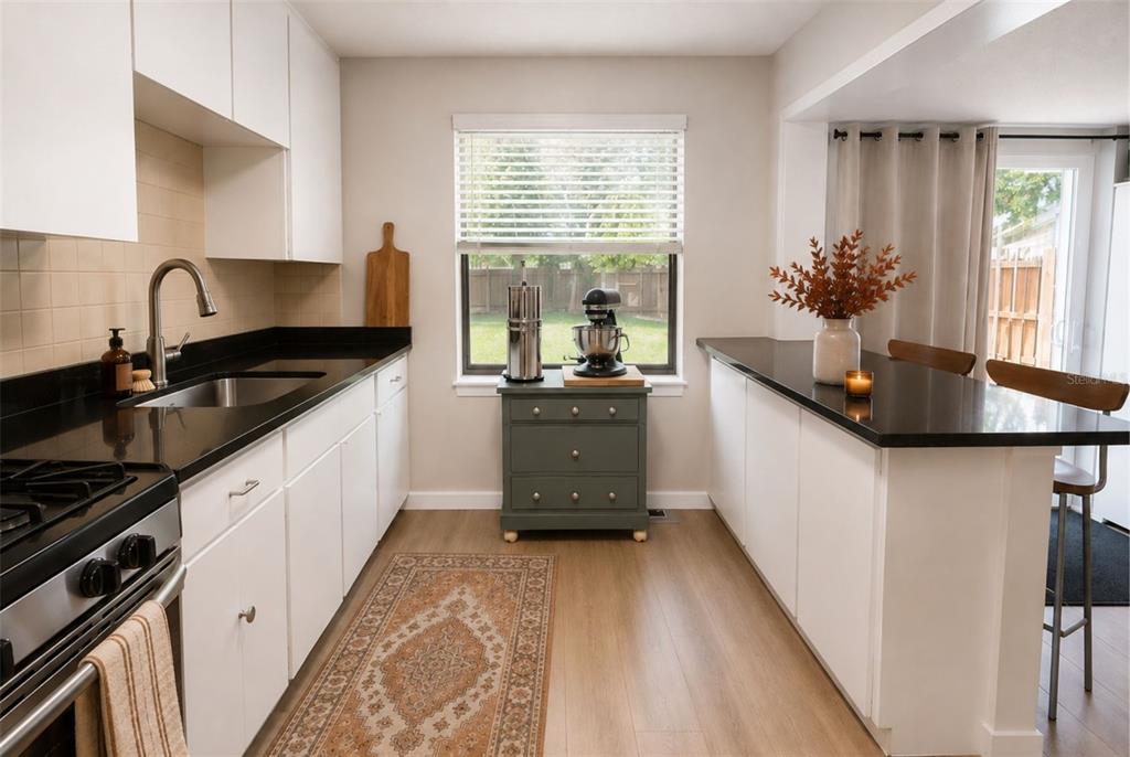 A galley kitchen features white cabinets, black countertops, a window, and a small green dresser — 1330 MONTEREY DRIVE, EUSTIS, FL