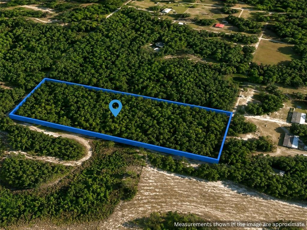 An aerial view shows a rectangular plot of land outlined in blue amidst dense forest — XX, CITRA, FL