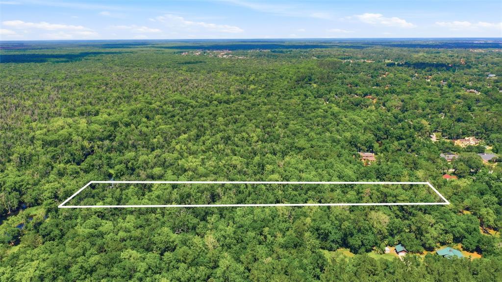 An aerial view shows a rectangular plot of land outlined in white amidst dense forest — DELK ROAD, LONGWOOD, FL