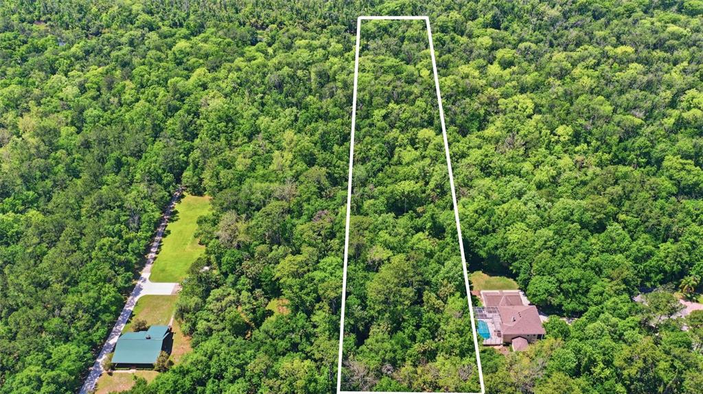 An aerial view shows a rectangular plot of land outlined in white amidst dense forest — DELK ROAD, LONGWOOD, FL