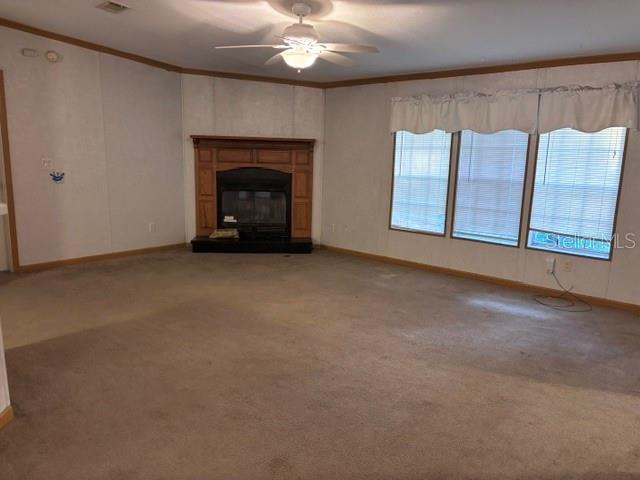A living room features beige carpeting, a wood-framed fireplace, and three windows with blinds — 13270 NW 3RD TERRACE, TRENTON, FL