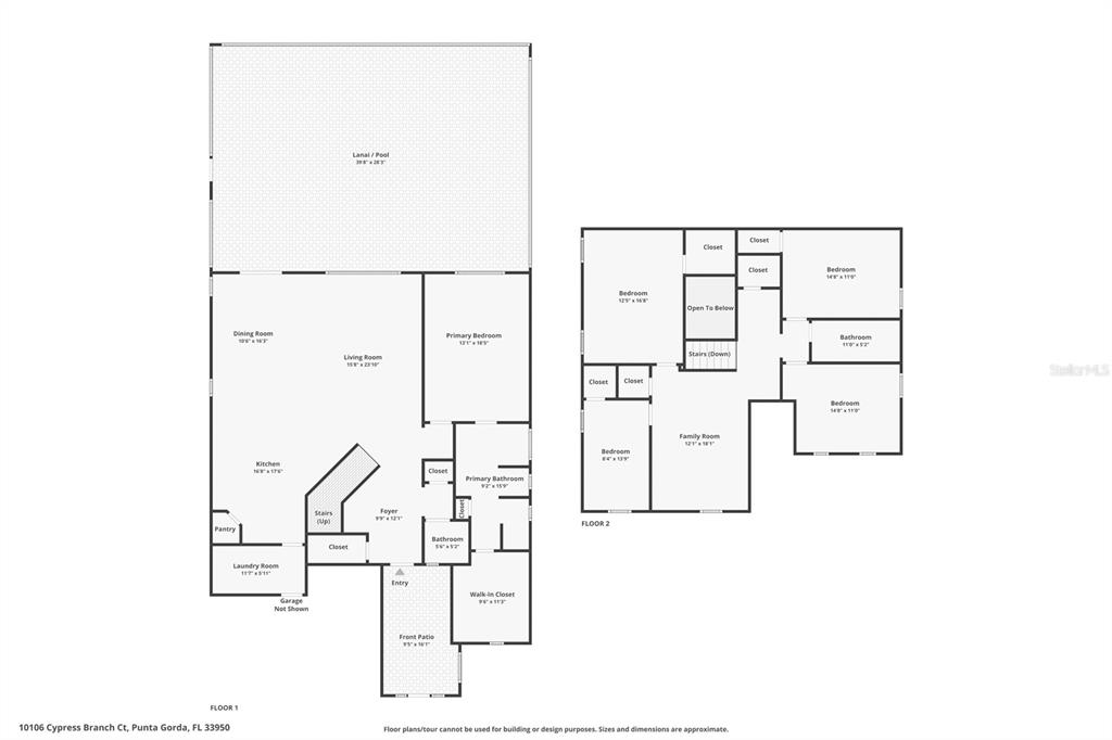This is a two-story floor plan showing the layout of a residential home — 10106 CYPRESS BRANCH COURT, PUNTA GORDA, FL