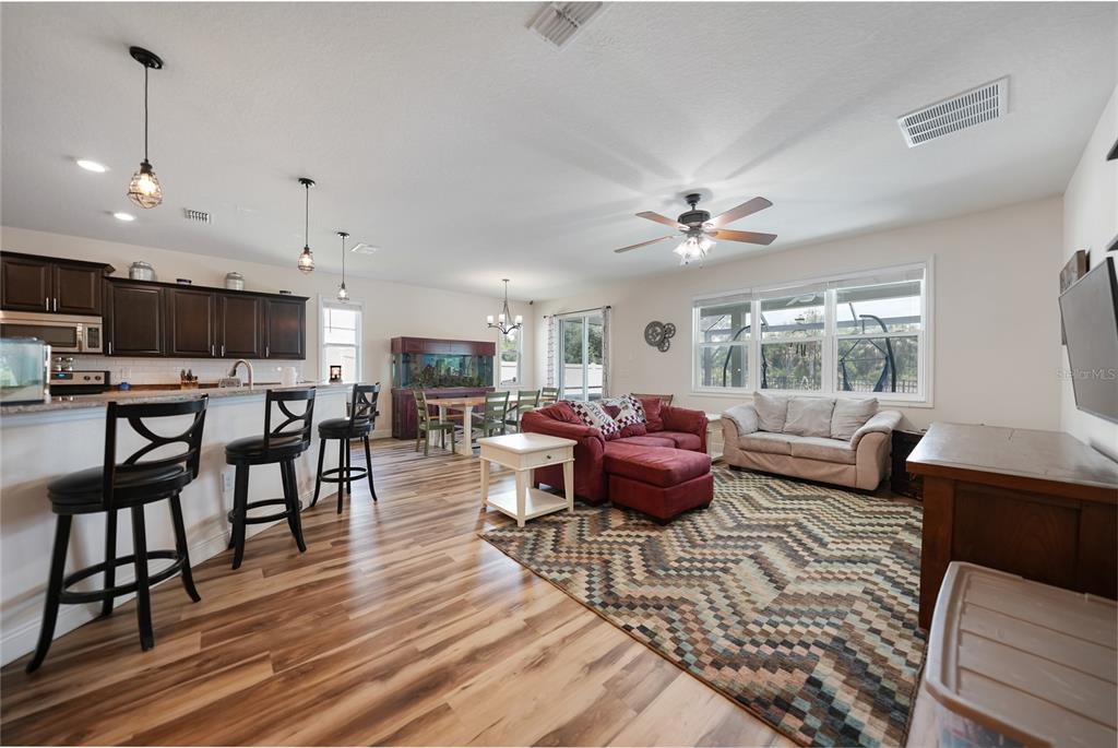 An open-concept living room and kitchen featuring wood-look flooring, dark cabinetry, and a large rug — 10106 CYPRESS BRANCH COURT, PUNTA GORDA, FL