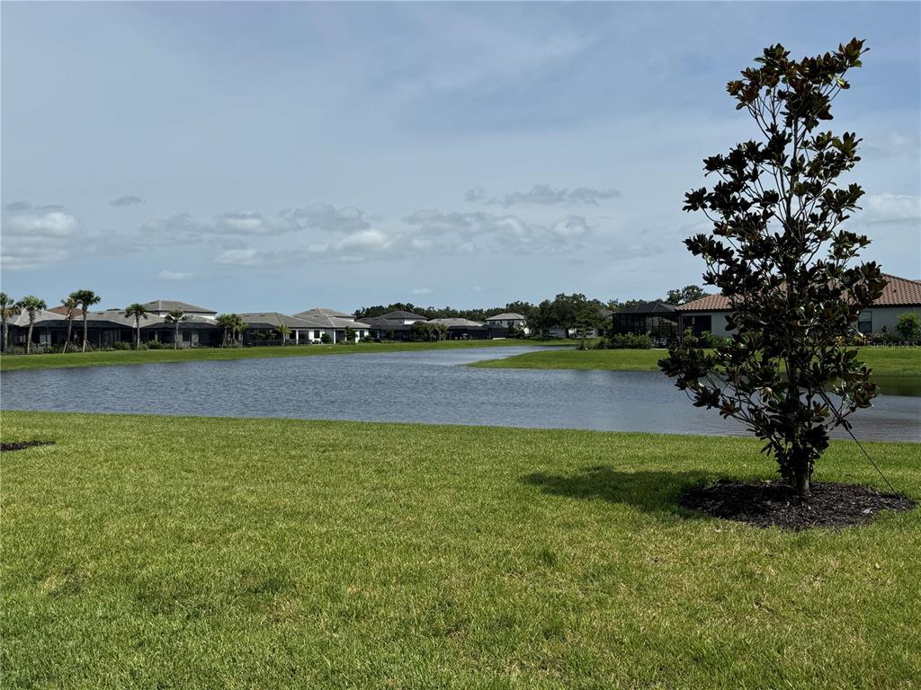 A kitchen island with light gray cabinets and quartz countertops sits before a glass patio door — 12307 WIGEON DRIVE, BRADENTON, FL