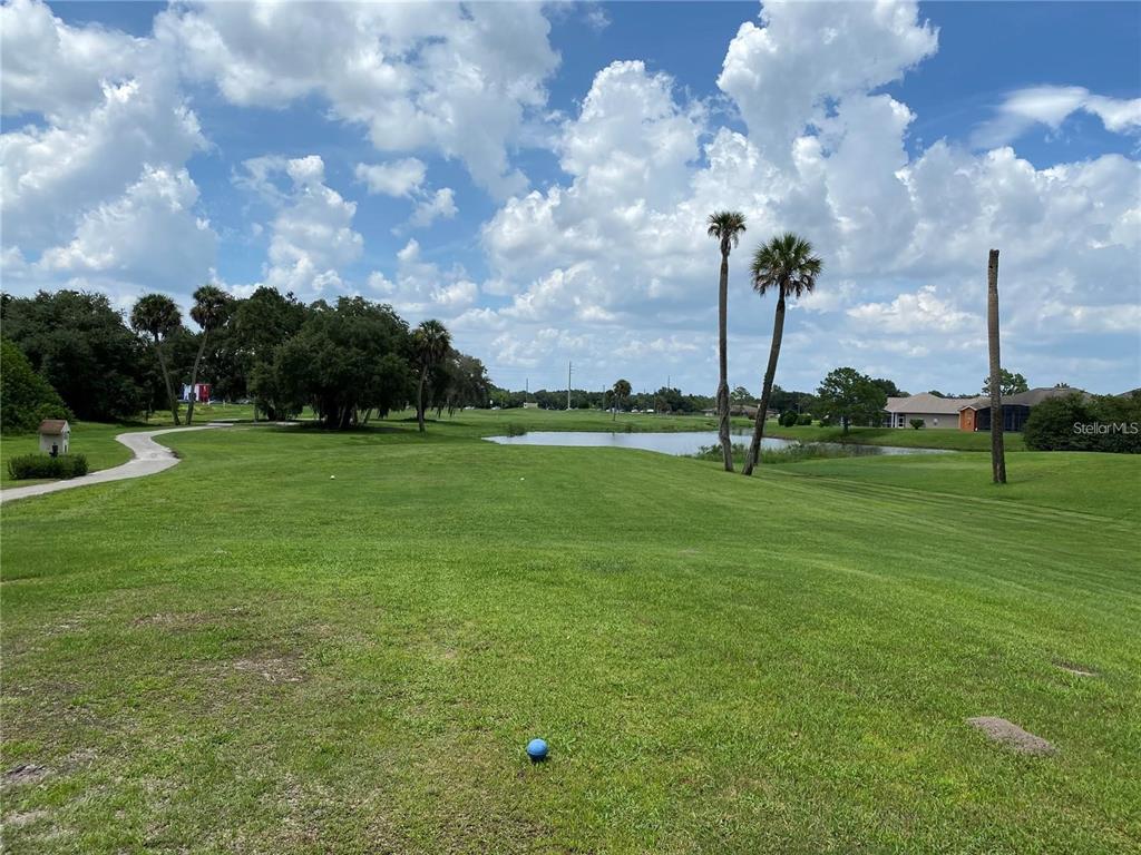 A view of a golf course fairway with a pond, palm trees, and a paved path — 1953 THE OAKS BOULEVARD, KISSIMMEE, FL
