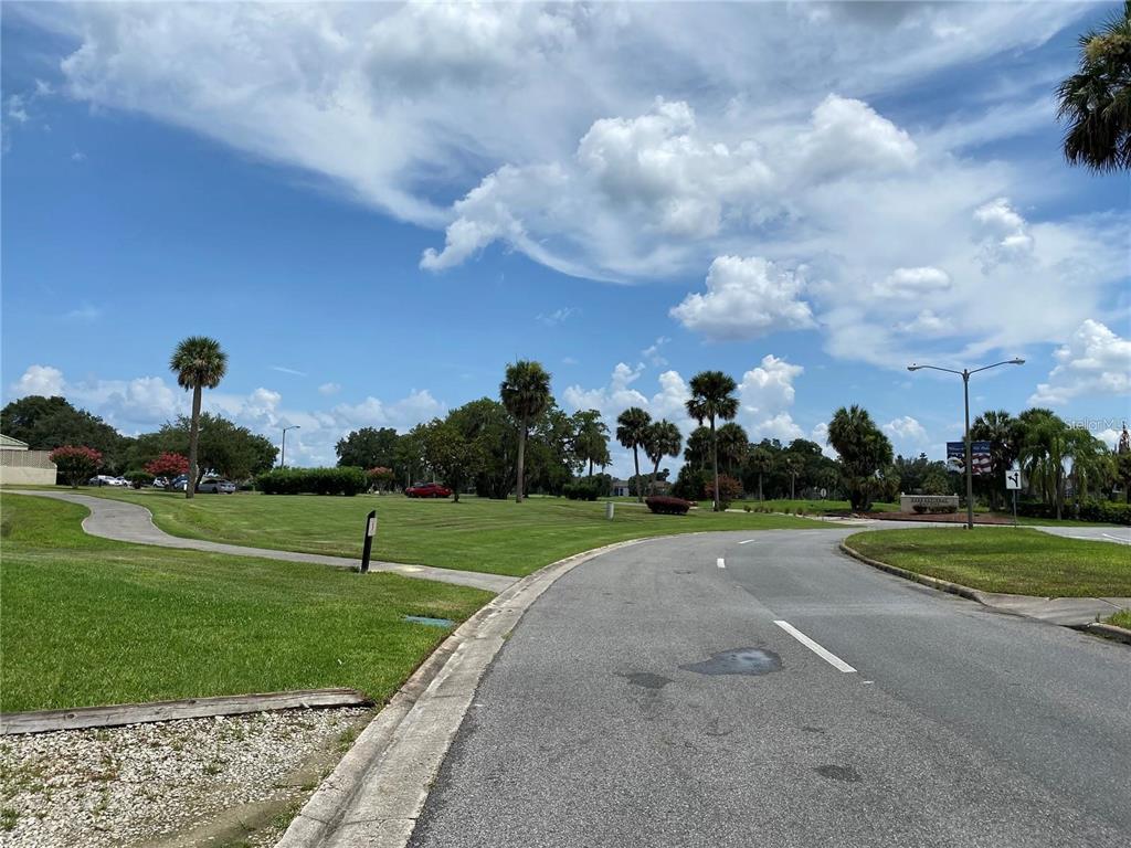 A paved road curves through a grassy landscape with palm trees under a cloudy sky — 1953 THE OAKS BOULEVARD, KISSIMMEE, FL