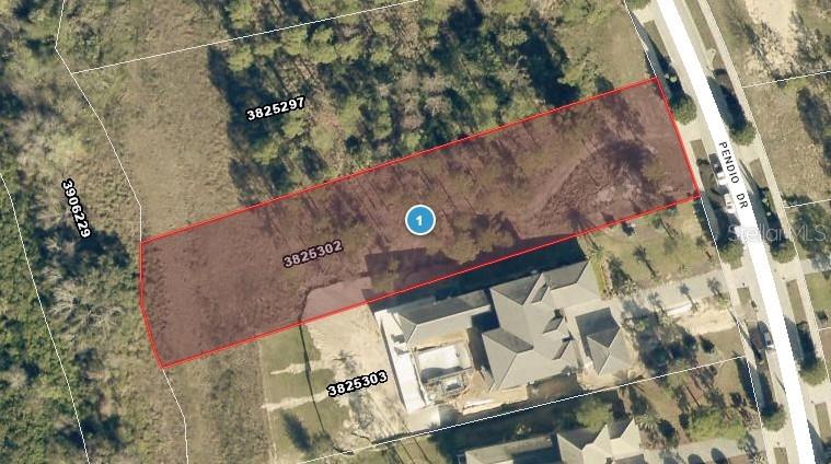 This is an aerial map showing a highlighted vacant lot next to a residential street — 16401 PENDIO DRIVE, MONTVERDE, FL