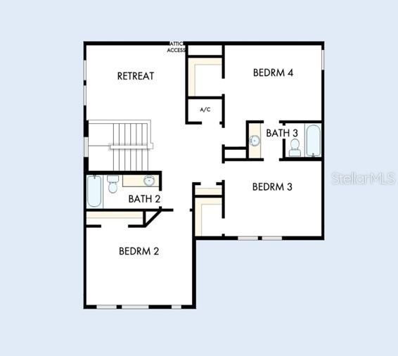 This floor plan shows the layout of an upper level with three bedrooms and two bathrooms — 5825 NATIVE OAK STREET, MOUNT DORA, FL