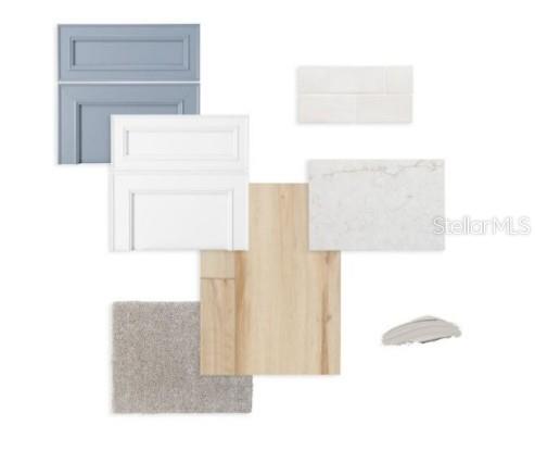 This is a digital rendering of interior design finish samples including cabinetry, flooring, and countertops — 5825 NATIVE OAK STREET, MOUNT DORA, FL