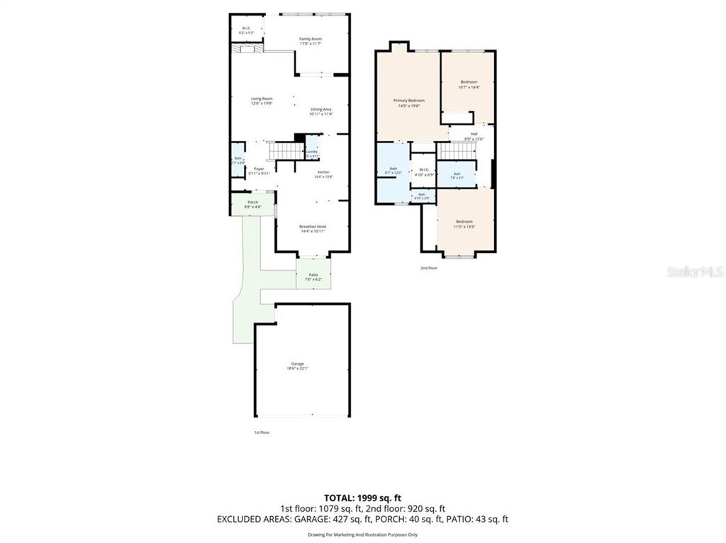 This is a floor plan showing the layout of a two-story residential home with a garage — 3090 LANDMARK BOULEVARD UNIT 1904, PALM HARBOR, FL