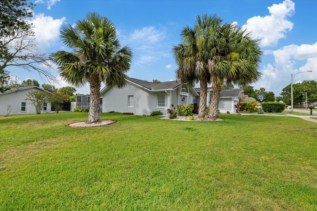 A single-story house with a gray exterior and two large palm trees in the front yard — 13528 WOODSIDE DRIVE, HUDSON, FL