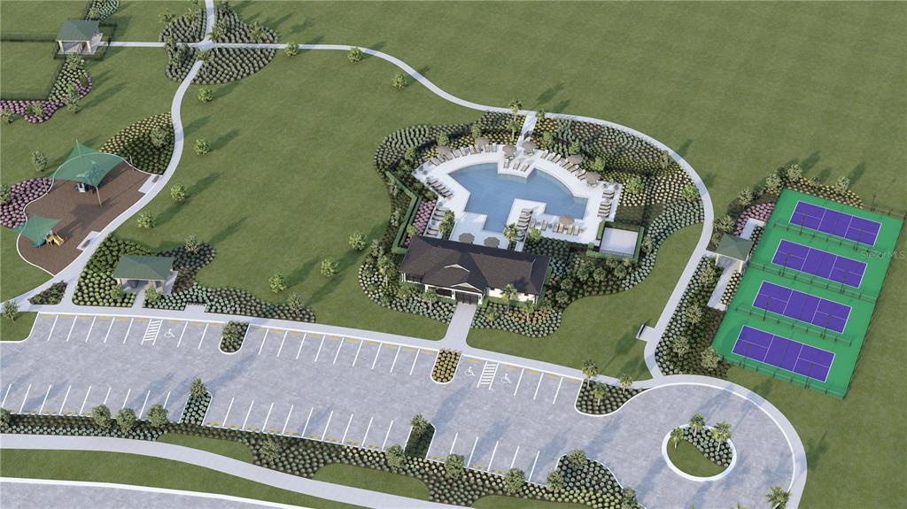 This is a digital rendering of a community amenity center featuring a pool, clubhouse, and courts — 9871 PELICAN COAST DRIVE, DADE CITY, FL