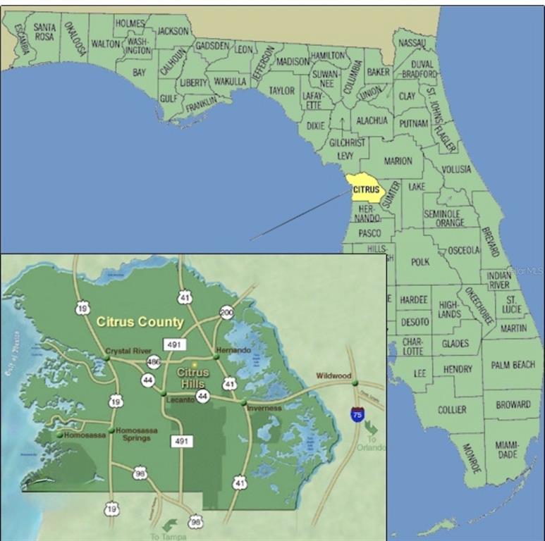 This map shows the location of Citrus County within the state of Florida — 8433 N INCA, DUNNELLON, FL