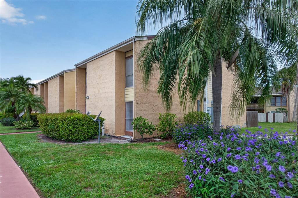 A two-story tan apartment building with a palm tree and purple flowers in the foreground — 3461 CLARK ROAD UNIT 160, SARASOTA, FL