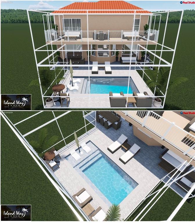 This rendering shows a two-story house with a screened-in pool, patio, and outdoor furniture — 313 10TH AVENUE E, PALMETTO, FL