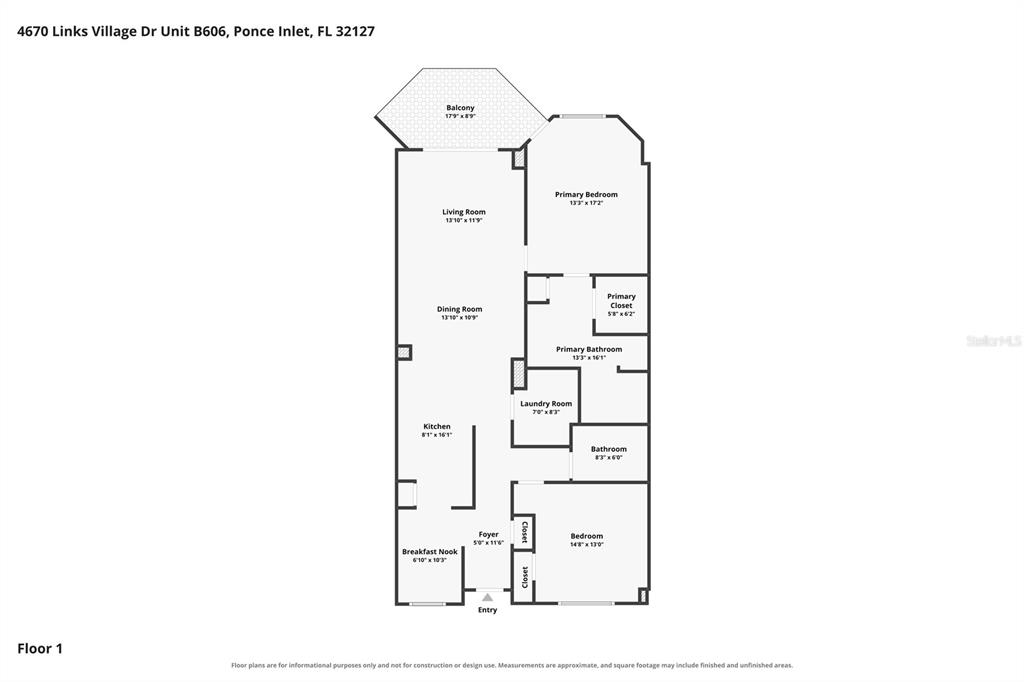 This is a floor plan for a residential unit featuring two bedrooms and a balcony — 4670 LINKS VILLAGE DRIVE UNIT B606, PONCE INLET, FL