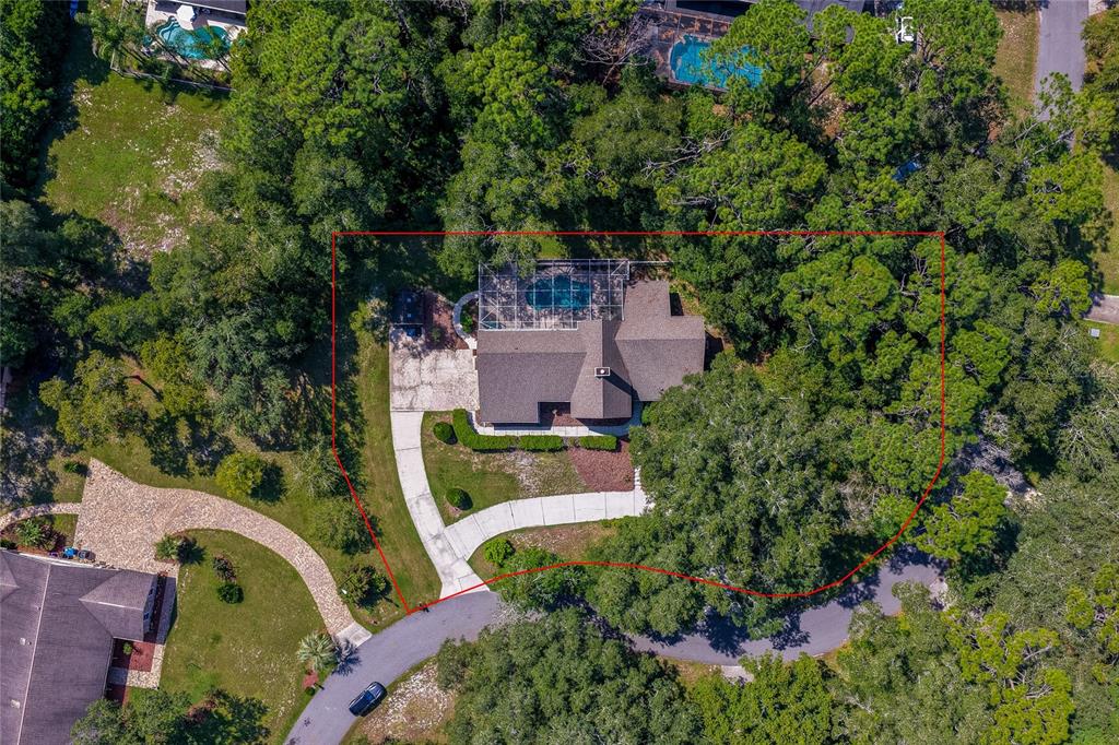An aerial view shows a house with a screened pool surrounded by trees and landscaping — 2081 PENNSYLVANIA DRIVE, DELAND, FL