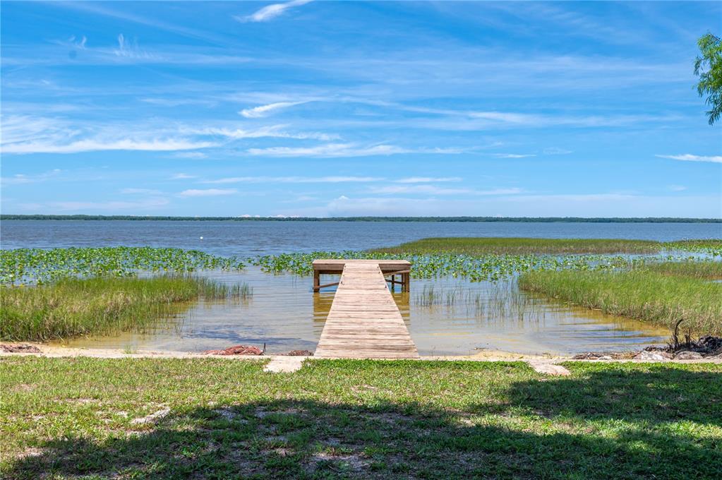 A wooden dock extends from a grassy lawn into a lake with aquatic vegetation — 10742 W BEACH PARKWAY, LAKE WALES, FL