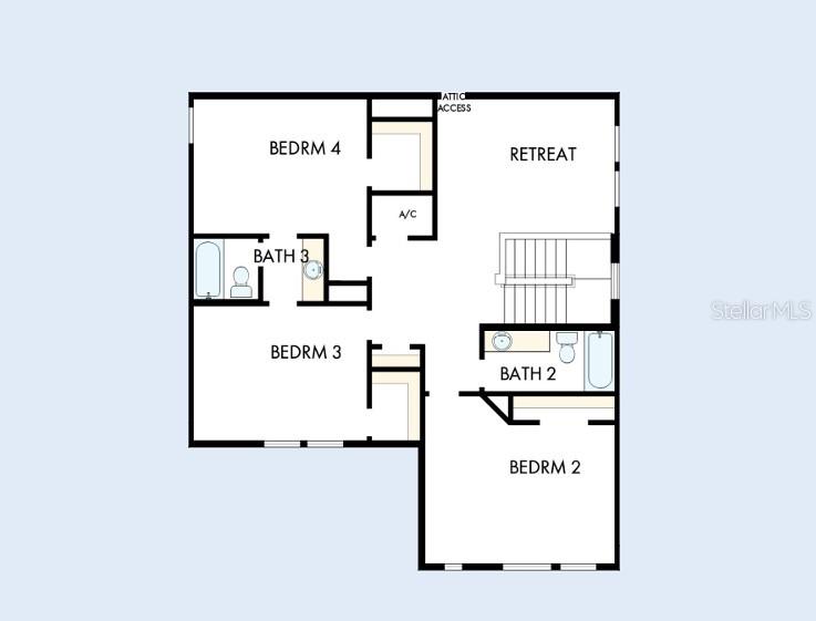 This is a floor plan showing the layout of an upper level with three bedrooms, a retreat, and two bathrooms — 5837 NATIVE OAK STREET, MOUNT DORA, FL