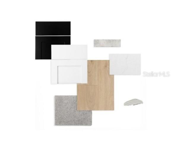 This is a digital rendering of interior design finish samples including cabinetry, flooring, and countertops — 5837 NATIVE OAK STREET, MOUNT DORA, FL