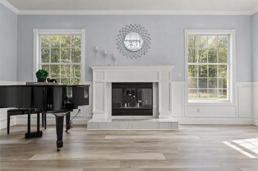 A living room features a fireplace, a grand piano, and two windows with outdoor views — 14485 SWITCH BACK ROAD, SPRING HILL, FL