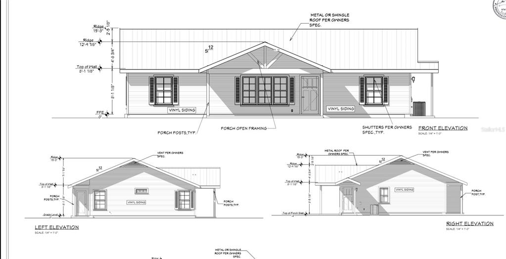 This architectural rendering shows the front, left, and right exterior elevations of a house — 329 HOOT OWL ROAD, SATSUMA, FL