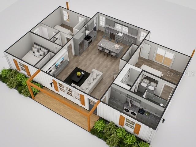 This 3D floor plan rendering shows a modern home with an open-concept kitchen and living area — 329 HOOT OWL ROAD, SATSUMA, FL
