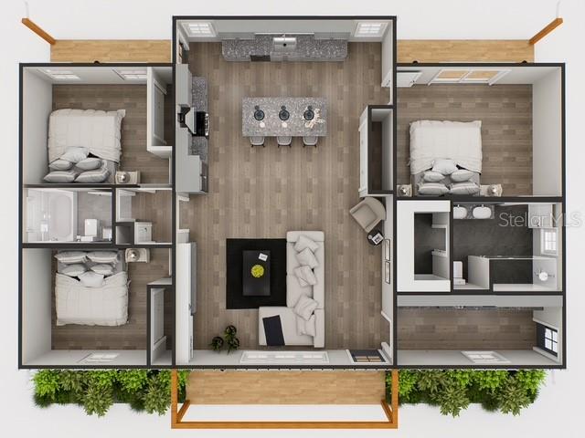This is a 3D floor plan rendering of a three-bedroom home with an open living area — 329 HOOT OWL ROAD, SATSUMA, FL