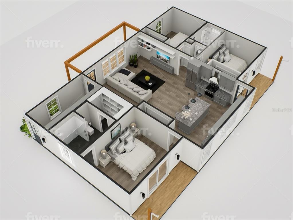 This 3D floor plan rendering shows a modern home with three bedrooms and an open kitchen — 329 HOOT OWL ROAD, SATSUMA, FL