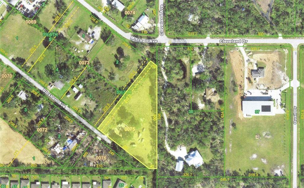 This is a property map showing land parcels, road names, and boundary dimensions — 830 BLOXHAM AVENUE, PUNTA GORDA, FL