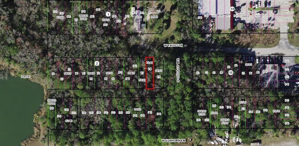 This is an aerial map showing property lot lines and parcel numbers in a wooded area — 8714 W FAUST LANE, HOMOSASSA, FL