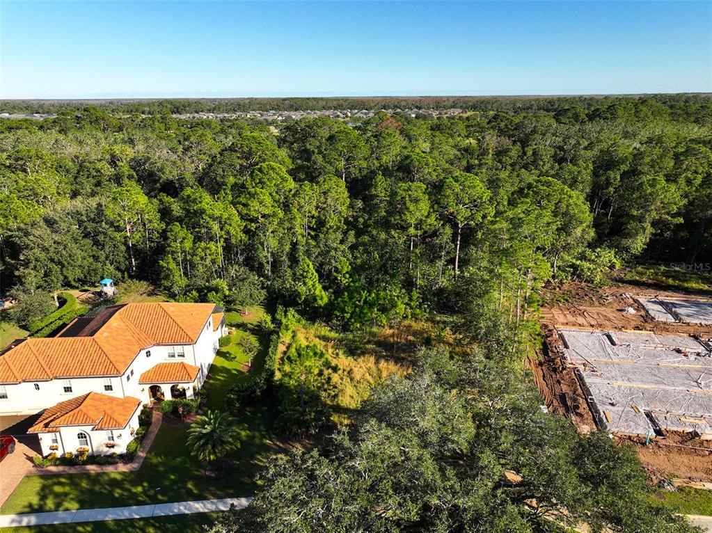 An aerial view shows a house next to a wooded lot and a construction site — 7161 OAK GLEN TRL, ST CLOUD, FL