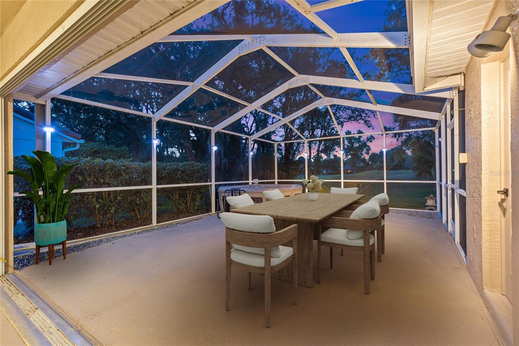 A screened-in patio features a dining set, a hot tub, and views of the outdoors — 9387 FRENCH QUARTERS CIRCLE, WEEKI WACHEE, FL