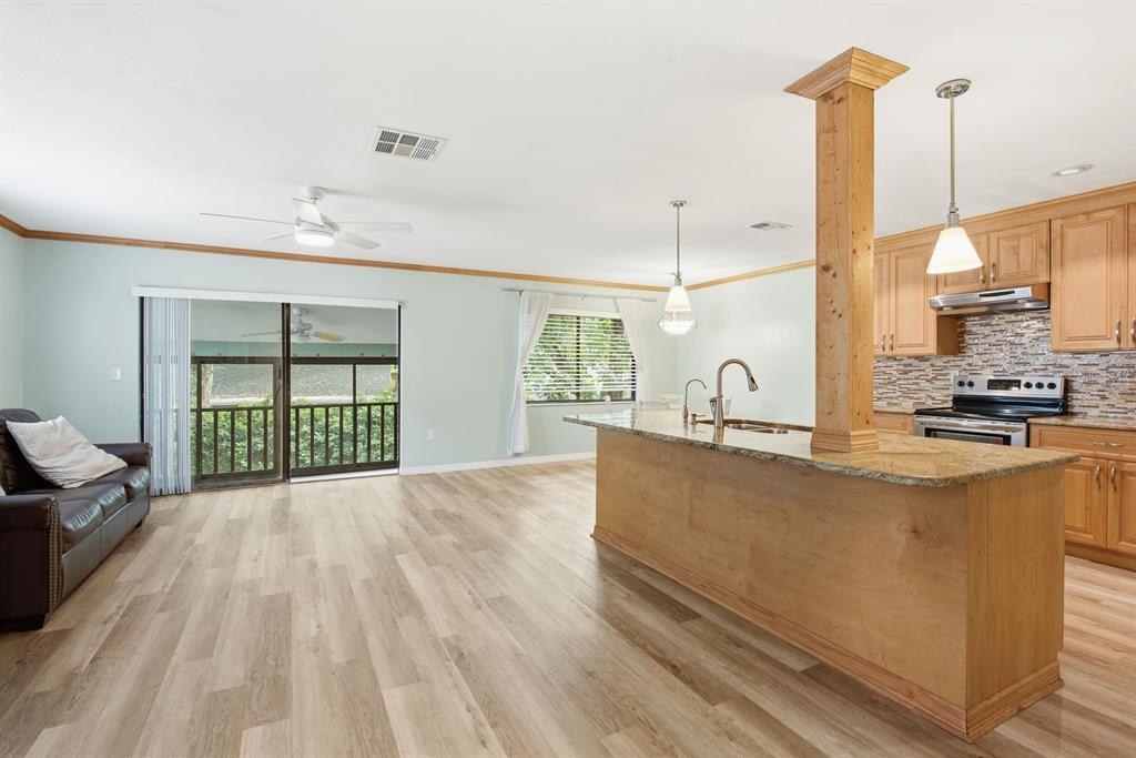 A living room features light green walls, wood-look flooring, a brown sofa, and sliding doors — 511 MISTLETOE COURT UNIT C, SAFETY HARBOR, FL