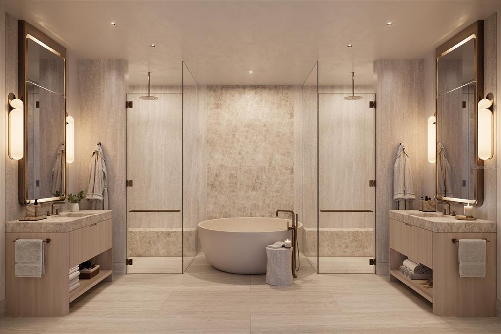 This rendering shows a symmetrical bathroom with a central soaking tub between two glass showers — 1390 MAIN STREET UNIT 1602, SARASOTA, FL
