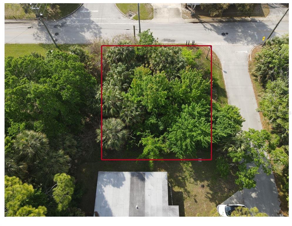 An aerial view shows a rectangular, tree-covered vacant lot outlined in red next to a house — 285 LINCOLN AVENUE, ORMOND BEACH, FL