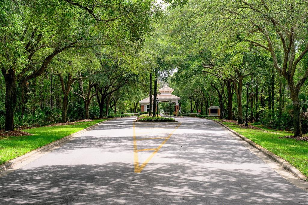 A paved road leads through a tree-lined entrance toward a gated community guardhouse — 1025 SUDBURY LANE, ORMOND BEACH, FL