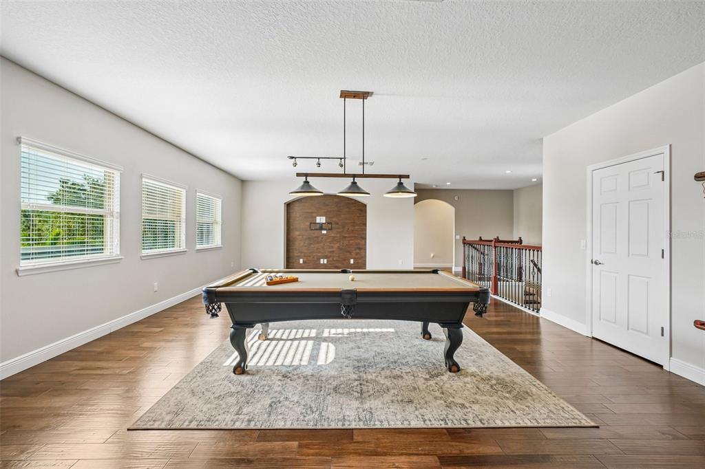 A game room features a pool table on a rug under a modern pendant light — 19711 WELLINGTON MANOR BOULEVARD, LUTZ, FL