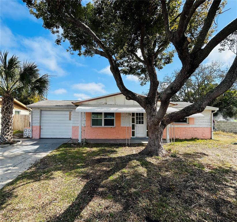 A single-story house with a peach-colored brick facade, a white garage, and a large tree — 2412 ARCADIA ROAD, HOLIDAY, FL