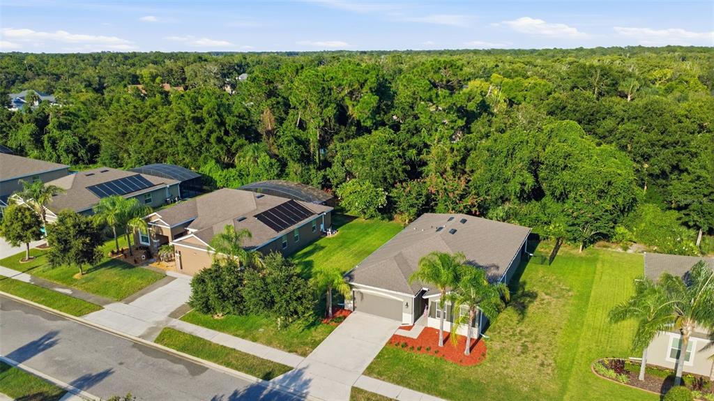 An aerial view of a suburban neighborhood featuring houses with dark roofs and a pond — 463 RIVER SQUARE LANE, ORMOND BEACH, FL