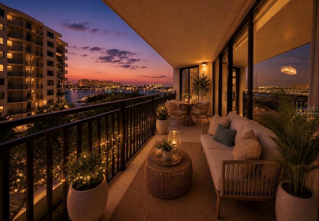 A furnished balcony at dusk overlooks a waterfront city skyline with a sofa and table — 690 ISLAND WAY UNIT 501, CLEARWATER BEACH, FL