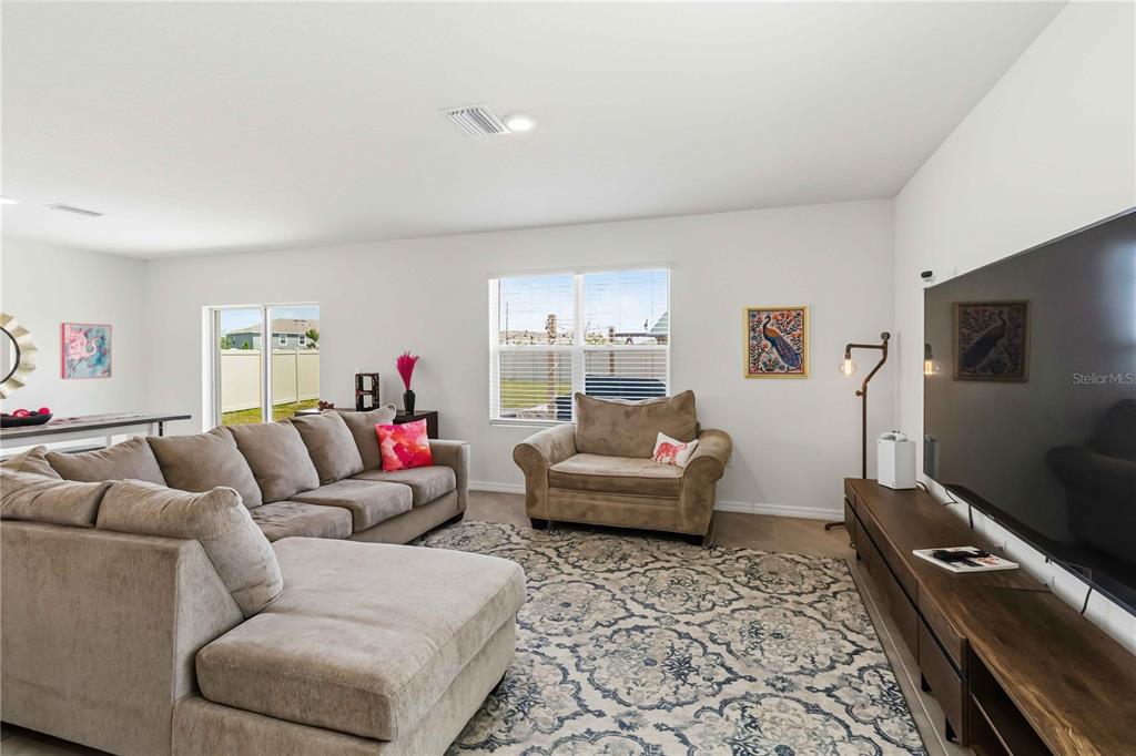 A living room features a large sectional sofa, an armchair, a patterned rug, and a television — 8354 HARDY BAY LOOP, WESLEY CHAPEL, FL