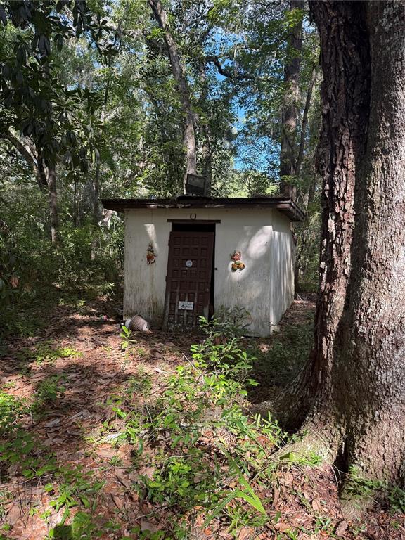 A small, weathered white shed with a dark wooden door stands in a wooded area — 5612 E HIGHWAY 316, CITRA, FL