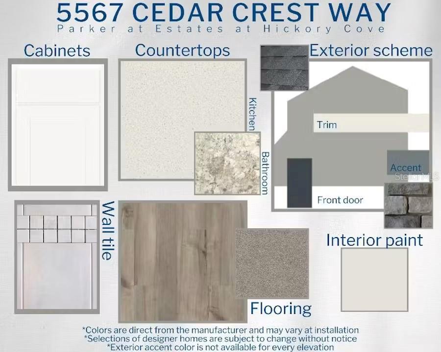 This design board displays samples of interior finishes, flooring, and exterior color schemes for a home — 5567 CEDAR CREST WAY, ST CLOUD, FL